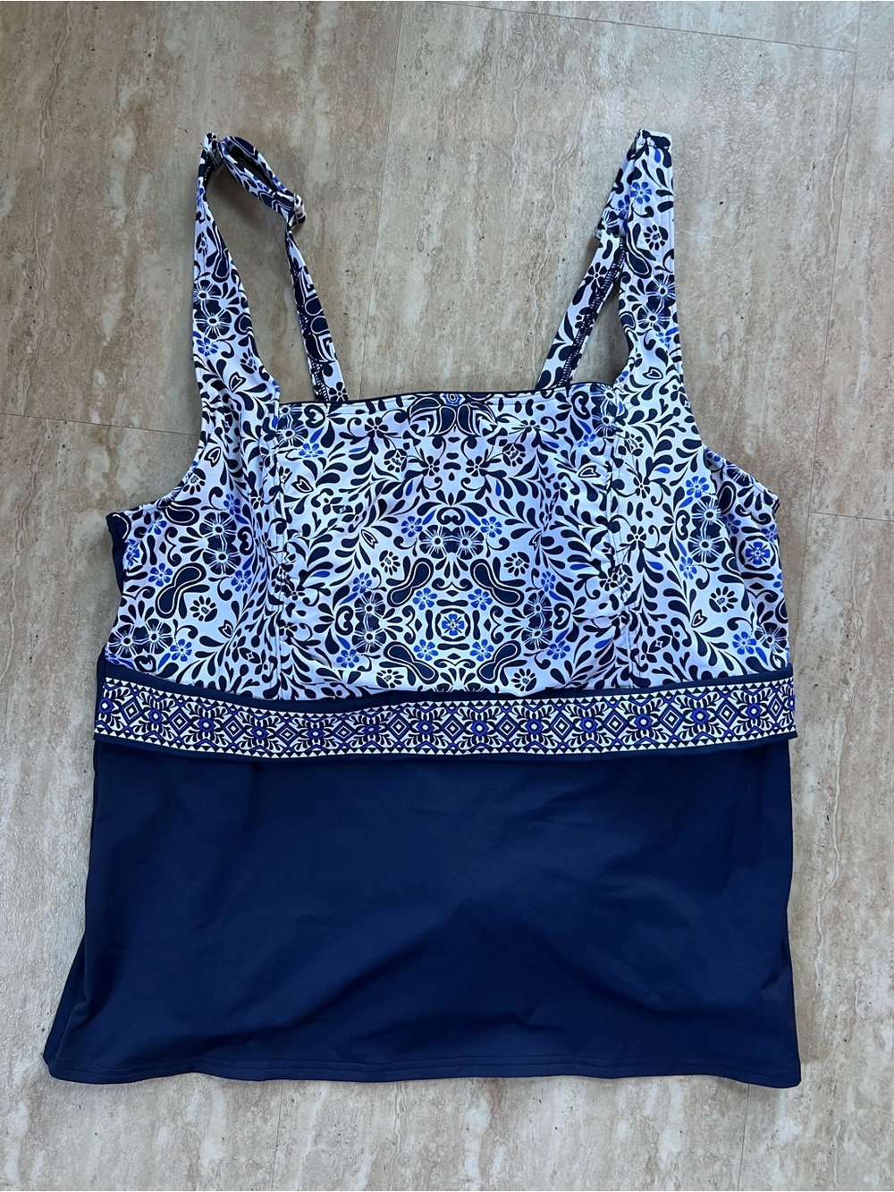 Lands' End Tankini Swimsuit Top Navy Blue Floral Paisley Underwire 18W